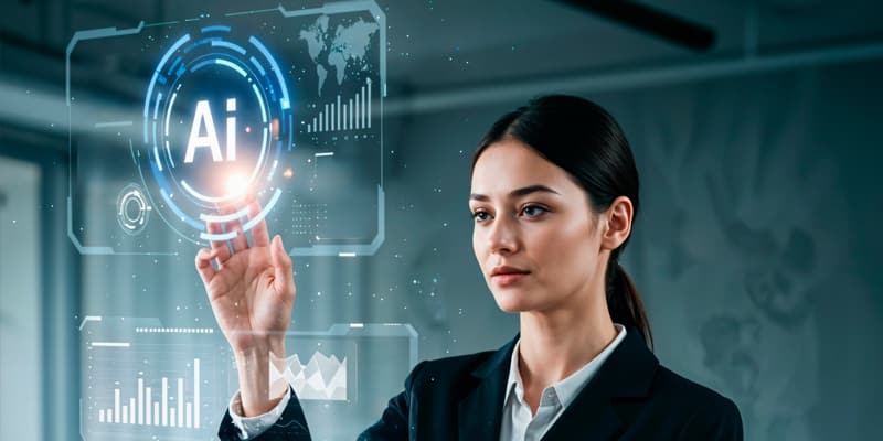 Businesswoman interacting with AI hologram