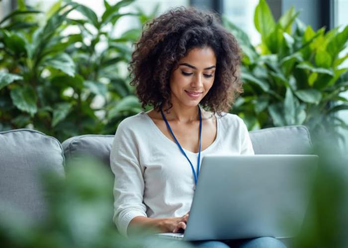 Young woman working on laptop in a bright, green indoor space during daylight hours