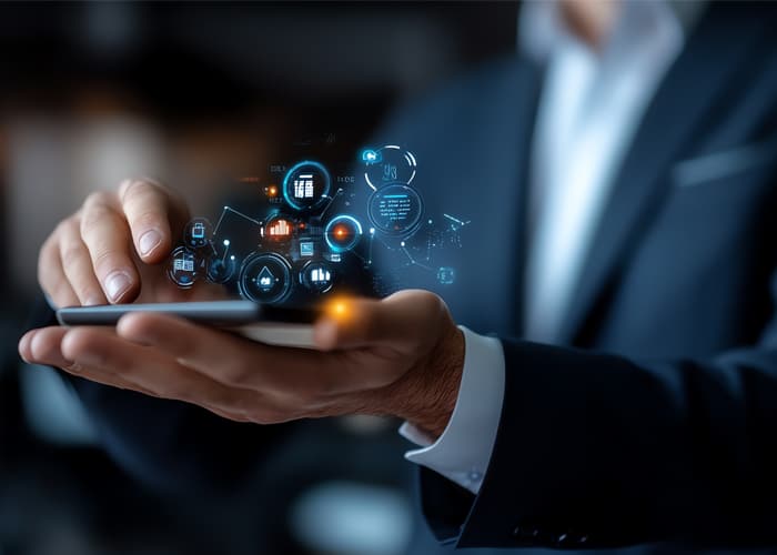 Hands of a corporate team interacting with a futuristic digital device; floating tech icons symbolize system integration and post-acquisition, tech-driven strategy.
