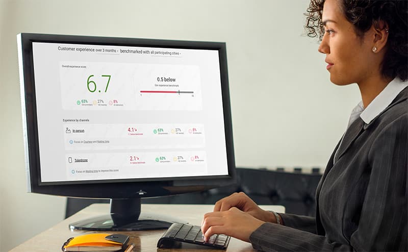 Female community engagement manager analyzing local government benchmark data in the GXI Foundations dashboard on a desktop computer.