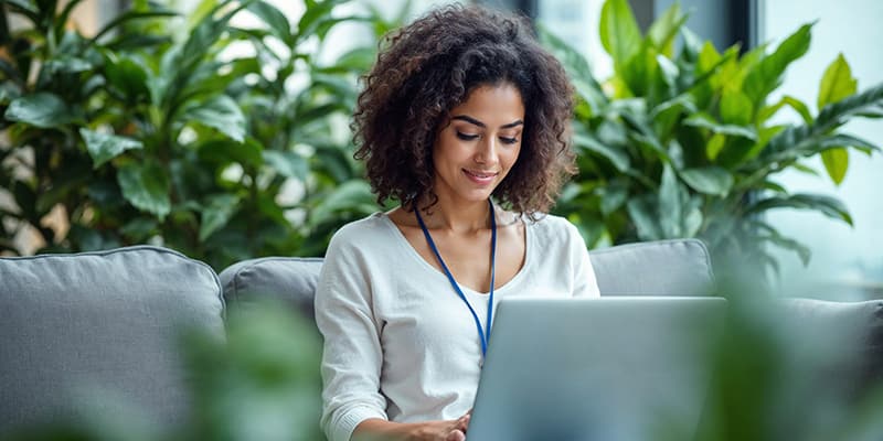 Young African American woman in a government office, relaxed and smiling while using the Granicus website, surrounded by plants.
