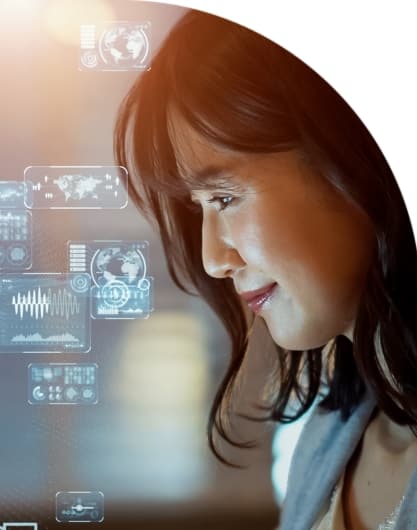 Digital technology icons overlay an image of a woman looking down at a computer screen.