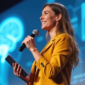 Woman speaking at the Government Experience Virtual Summit speaking about AI and the future of government.