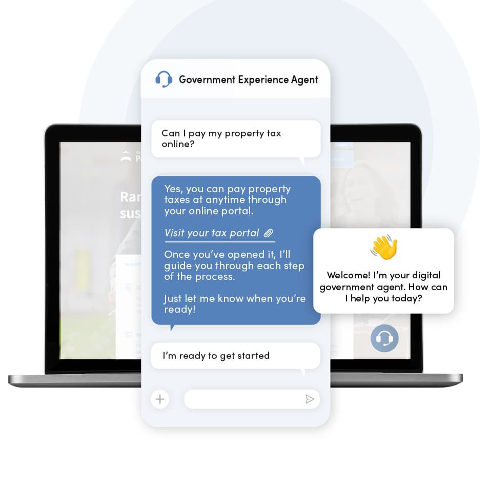 Government Experience Agent chat overlaying a local government website home page