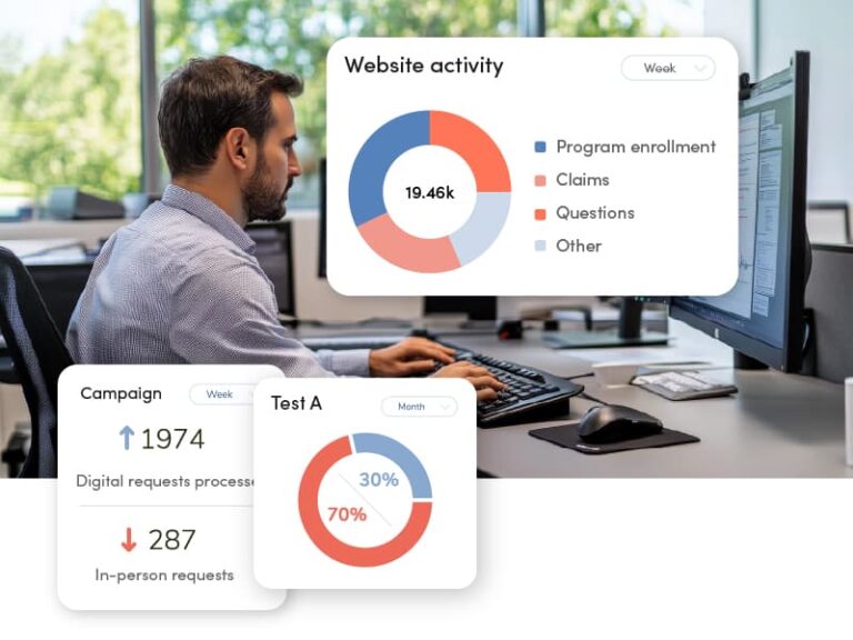 Male government data analyst reviewing website metrics in GXI Enterprise with overlay of site activity and performance insights.