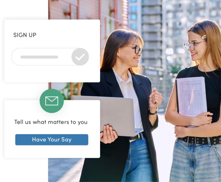 Two women walking, one with a laptop, one with a folder. Tech mockups for signing up for emails overlay the image. Used to represent an improved reputation outcome for higher education.