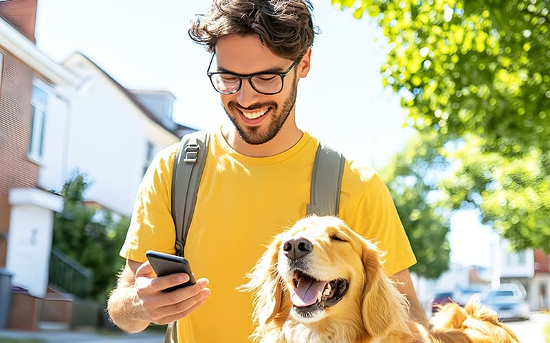 Young adult man receiving a impactful notification from his local government while walking his golden retriever.