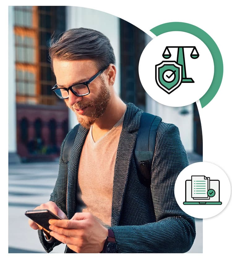 A male citizen requesting access to public records through his local government's secure, compliant online portal. Icon overlay showing legal compliance, highlighting transparent and trustworthy government services.