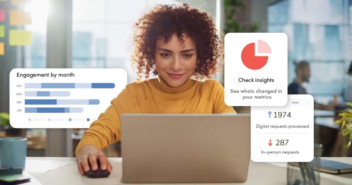 Government program director analyzing engagement, insights, and digital adoption metrics on Granicus’ Government Experience Insights Enterprise dashboard.