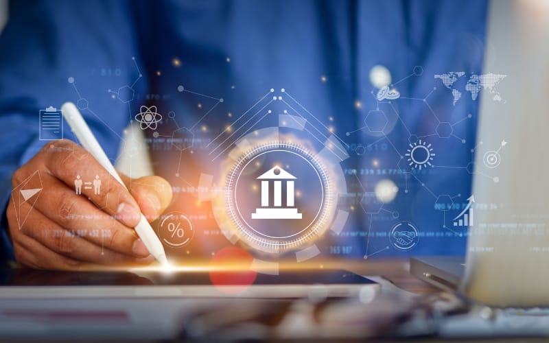 A person using a stylus on a digital tablet, surrounded by virtual government and technology-related icons.