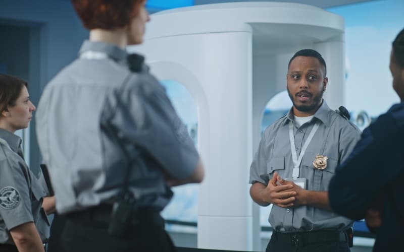 A group of security personnel stand and converse in front of a large, white, circular security scanner.