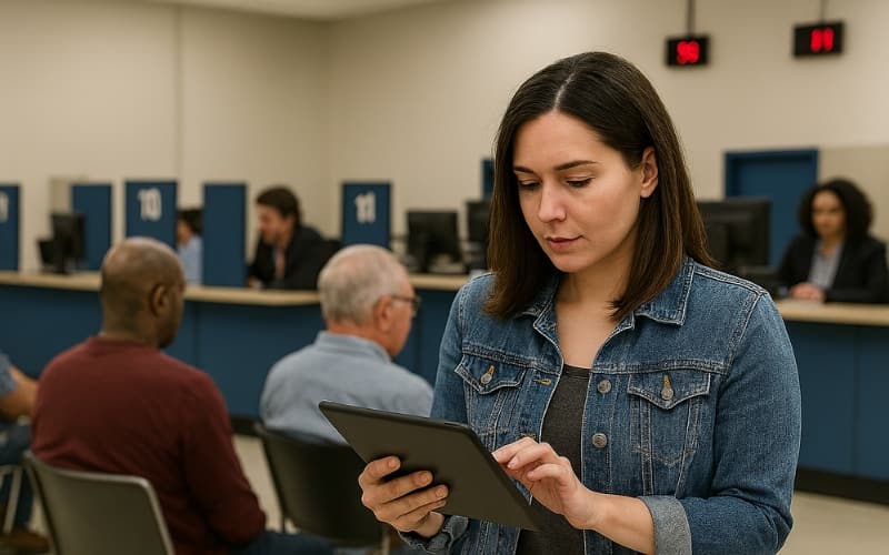 Woman in denim jacket using a tablet in an office waiting area with service counters and clocks in the background.