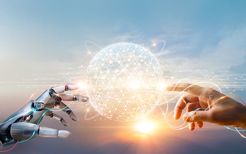 Human and artificial hand symbolizing integration of AI in government