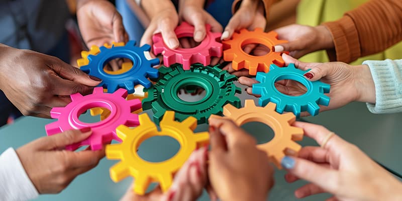 Diverse group of leaders holding brightly colored wooden gears together, representing unity in strategy.