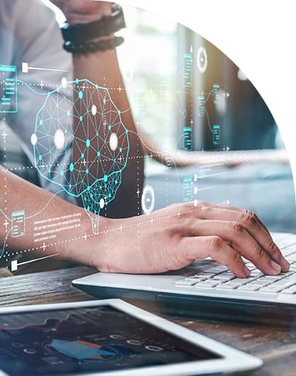 Government employee exploring digital government insights. Overlay of connected technology icons.