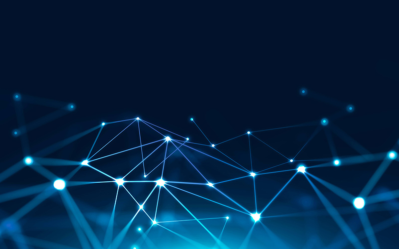 Abstract digital network on a dark blue background, featuring glowing interconnected points and thin lines forming a web-like structure.