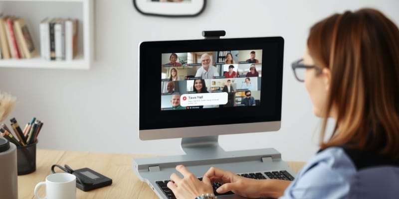 A person sitting at their computer participating in a virtual town hall meeting.